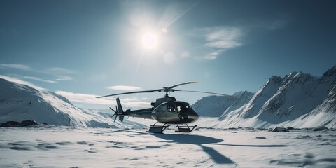 Fototapeta na wymiar Helicopter flying high in the mountains. A helicopter flies in the sky. Generative AI. View of a flying helicopter. Adventure composite. Beautiful mountain landscape