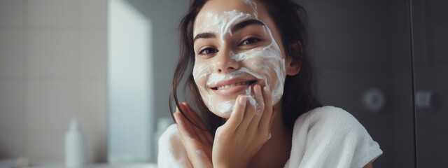 the girl takes care of her face, applies cream to her face.. - obrazy, fototapety, plakaty