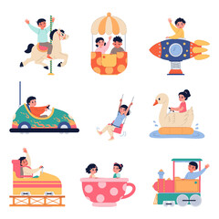 Kids in amusement park. Children riding on different carousels. Girl and boys in attractions. People having fun. Rollercoaster and merry-go-round. Ferris wheel. Splendid vector set