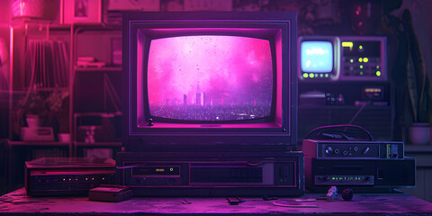 80s retro wave style background with vintage computer screen, vhs noise and glitch effects. Perfect for digital art, music, gaming, or party-related designs.