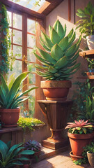 Garden features a potted cactus with lush greenery, isolated and decorated with other plants, showcasing a variety of nature elements including flowers, succulents, and trees