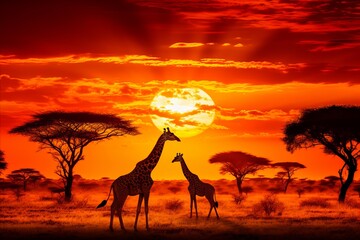 Fototapeta na wymiar Sunset serenade. majestic giraffes strolling the african savannah, bathed in a stunning golden glow