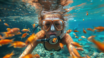 woman in a mask diving underwater, snorkeling, ocean, swimming, coral reef, sea, blue water, beauty, fish, dive, summer, sport, vacation, active