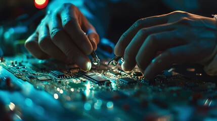 A close-up of robotic and human hands assembling intricate circuits