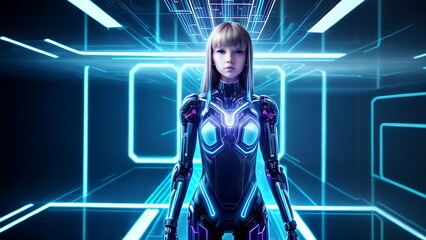 Fototapeta na wymiar Robot girl in a neon cyber suit looks straight