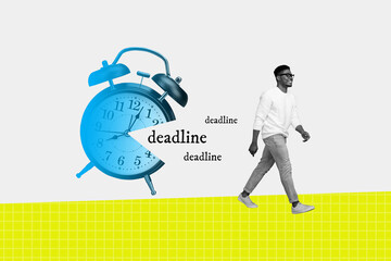 Creative trend collage of man walking freelancer manager deadline time clock hurry weird freak bizarre unusual fantasy