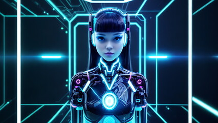 Cyber girl with a robot heart in a suit. The concept of creating gaming cyber clothing and robot costumes