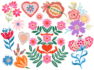 Polish folk art colorful traditional design elements valentine heart, flower, insect, bird, leaves.