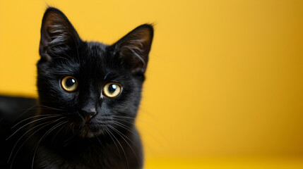 Close up portrait of black cat isolated on yellow background with copy space for text looking at the camera. Banner for pet shop with panther kitten. Backdrop with animal for poster, print, card.