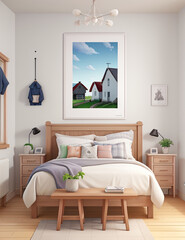 room with a window, Scandinavian farmhouse bedroom interior, poster frame mockup.
