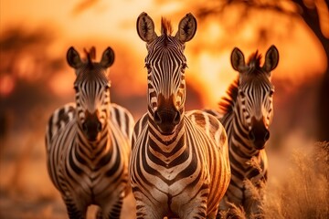 Herd of majestic zebras freely roaming the vast african savannah under golden sun - obrazy, fototapety, plakaty