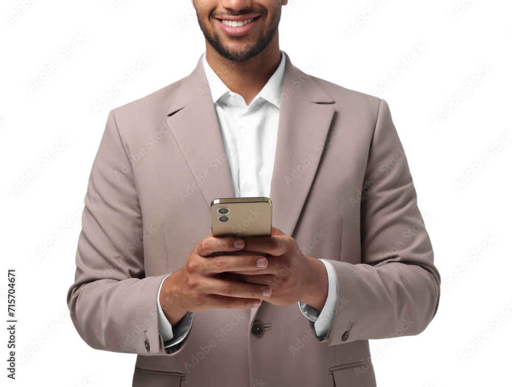 Poster man sending message via smartphone on white background, closeup