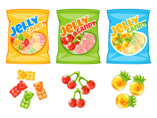 Cartoon jelly candies packs. Colorful fruity gum bags. Gelatin bears. Cherries and pineapple shaped. Confectionery package. Sachet packaging. Various assortment. Sweet marmalades vector set