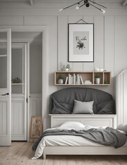 interior of a bedroom.Scandinavian farmhouse bedroom interior, poster frame mockup.