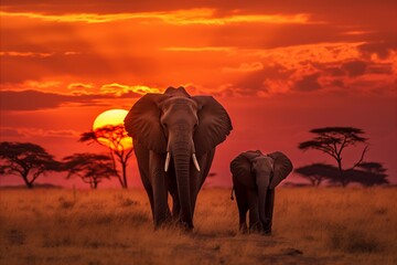 Breathtaking moment. graceful elephants roaming the serene african savannah at golden sunset