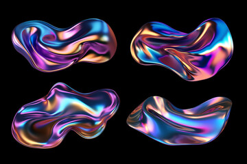Fototapeta premium Bold holographic metal shapes isolated. Futuristic colorful melted liquid metal forms