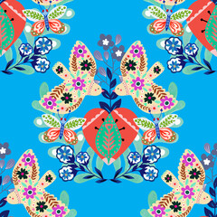Fototapeta na wymiar Valentine heart botanical seamless pattern inspired by traditional folk art embroidery designs textile or farbic print ornament.