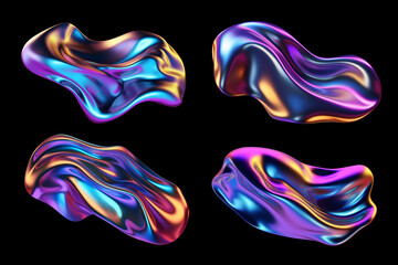 Bold holographic metal shapes isolated. Futuristic colorful melted liquid metal forms