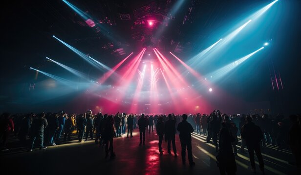 A sea of people bathed in blinding light, as laser beams cut through the air, creating a surreal atmosphere at the outdoor concert event
