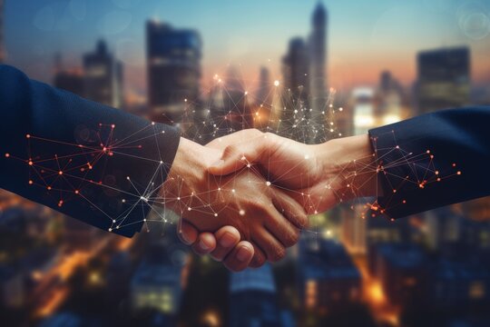 Business People Shaking Hands. Technology. Cityscape. Network Connection. Partnership