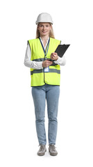 Fototapeta premium Engineer in hard hat holding clipboard on white background