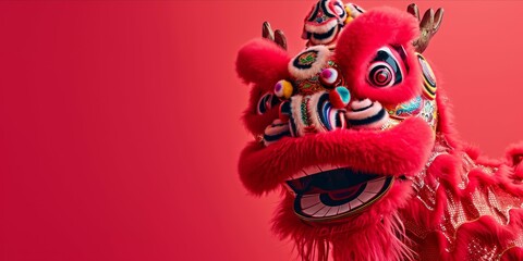 Obraz premium Chinese lion dance on a red background with copy space for text.
