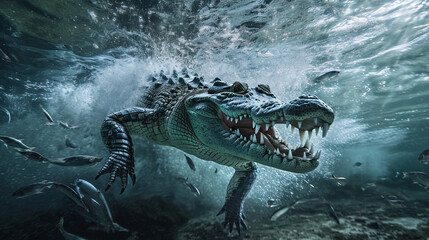 crocodile in the river - obrazy, fototapety, plakaty