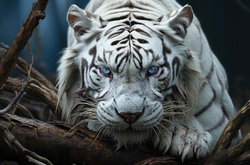 A majestic white tiger, with piercing blue eyes, gazes confidently from its outdoor enclosure at the zoo, its snout and whiskers twitching in anticipation of the next branch to conquer