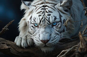 Obraz premium Captivating and majestic, a rare white tiger with piercing blue eyes gazes confidently from its outdoor enclosure at the zoo
