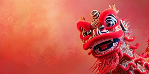 Chinese lion dance on a red background with copy space for text. - obrazy, fototapety, plakaty