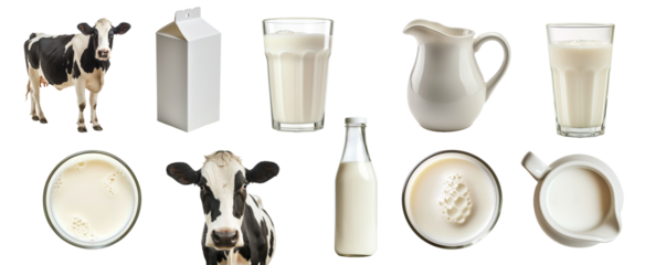 Variety of dairy products and cow isolated on transparent background, including milk carton, glasses, bottle, jug, and bowl