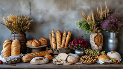 still life with, a table topped with lots of bread and other items of food on it's side, including bread - obrazy, fototapety, plakaty