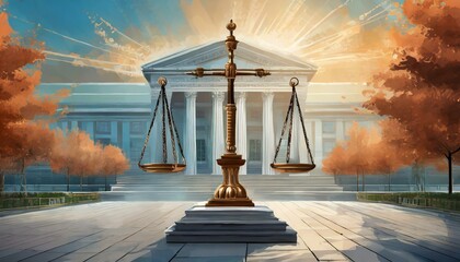 fairness scales of justice against court house building background banner, concept of business financial protection by law - obrazy, fototapety, plakaty