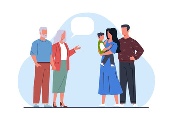 Advice from elderly parents to adult children. Family generations misunderstanding. People communication. Relatives conversation. Young couple and grandparents opinions. Vector concept