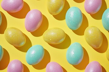 Colorfull Happy Easter eggs on yellow background - Easter decoration, banner, panorama, background with copy space for text.