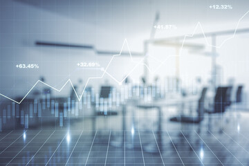 Abstract virtual financial graph hologram on a modern furnished classroom background, financial and trading concept. Multiexposure