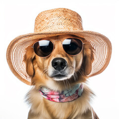 A dog is wearing extraordinary glasses and a straw hat in summer clothes on a white background