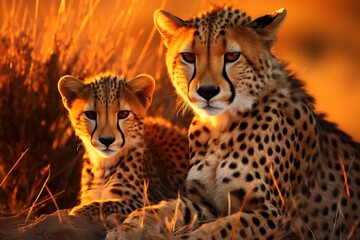 Obraz premium Majestic cheetah family roaming african savannah at sunset - stunning wildlife photography