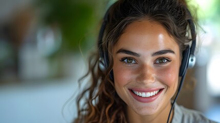 portrait of a person, a woman wearing a headset smiles at the camera while smiling at the camera with a smile on her face