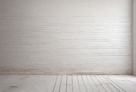 Empty white brick wall room interior with wooden floor