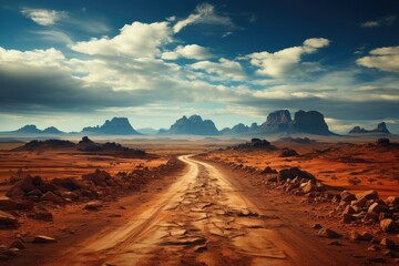 Fototapeta na wymiar A solitary road winds through the vast, rugged landscape of a desert badlands, with clouds drifting lazily in the sky above and the rocky terrain of aeolian landforms stretching out towards the dista