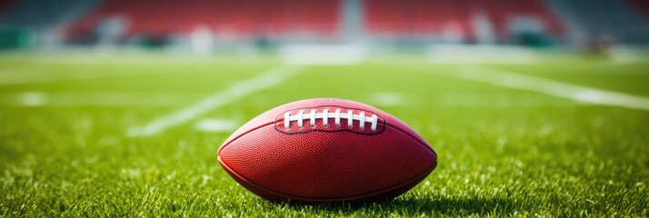 Football on Field: American Sport Equipment on Artificial Turf Green Grass of Stadium Yard with