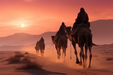Against a breathtaking desert landscape, a group of adventurous riders on majestic arabian camels traverse the rugged terrain, their silhouettes illuminated by the fiery hues of a setting sun - obrazy, fototapety, plakaty