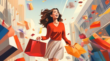 Young woman with shopping bags near mall. Spring Style. Consumerism, purchases, shopping, lifestyle, sale concept. space for text