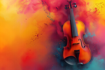Fototapeta na wymiar Violin in colorful powder explosion. Illustration of the violin enveloped in elements on black background. Lights and music and color