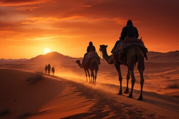 Against the backdrop of a fiery sunset, a caravan of adventurers traverses the vast desert on majestic arabian camels, their silhouettes etched against the aeolian landforms as they journey through t - obrazy, fototapety, plakaty
