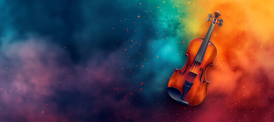 Violin in colorful powder explosion. Illustration of the violin enveloped in elements on black...