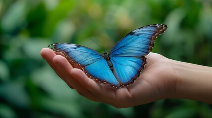 Interaction délicate entre une main humaine et un papillon Morpho bleu - obrazy, fototapety, plakaty