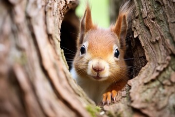 Curious Red Squirrel Peeking Behind Tree Trunk. Wild & Playful Animal Hiding Amidst Nature's Foliage