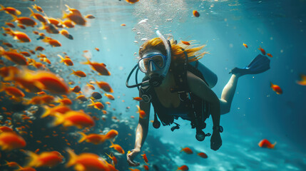woman in a mask diving underwater, snorkeling, ocean, swimming, coral reef, sea, blue water, beauty, fish, dive, summer, sport, vacation, active - obrazy, fototapety, plakaty